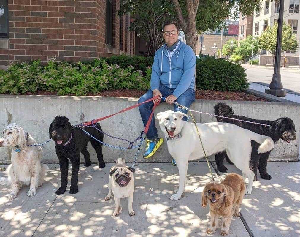 Pehr with the dog pack outside